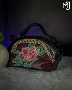 Women’s Vintage Floral Embroidered Handbag | Maroon &  Black Structured Top Handle Shoulder Bag